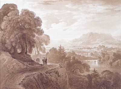 Reizigers op een weg boven een rivier, 1821 door John Martin